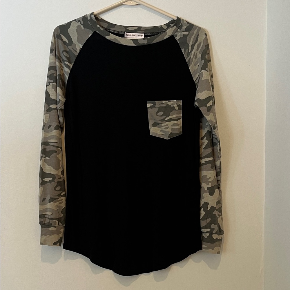 Tickled Teal Black and Camo Raglan Top